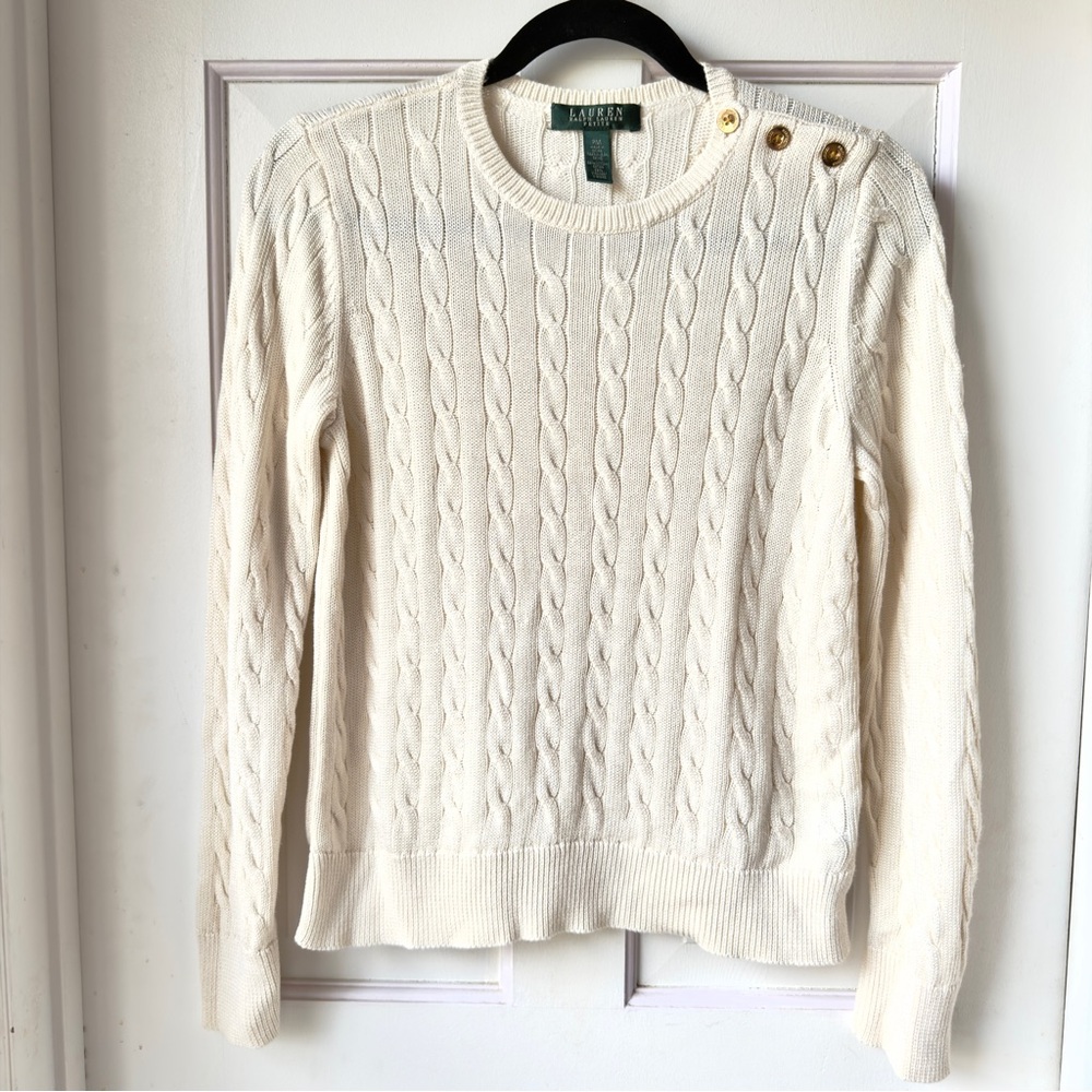 Lauren Ralph Lauren Cream Cable Knit Sweater Size Petite Medium